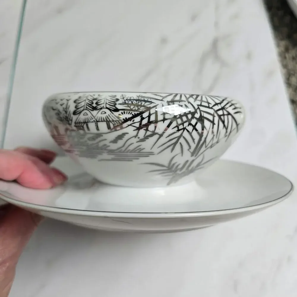 Vintage Meiyo China Nippon 1940s Silver Lithopane bowl attached to plate
